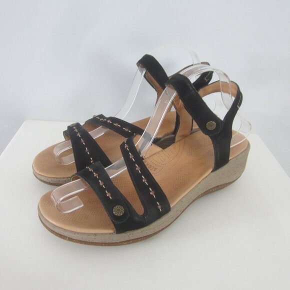 Acorn 90s Y2K Ankle Strap Wedge Sandals Womens 9 Black Suede Comfort Shoes - Picture 2 of 12